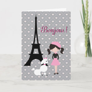 Cartão Bonjour Eiffel Tower, Poodle and Girl Birthday
