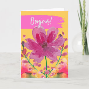 Cartão Bonjour Hello em francês Watercolor Flowers