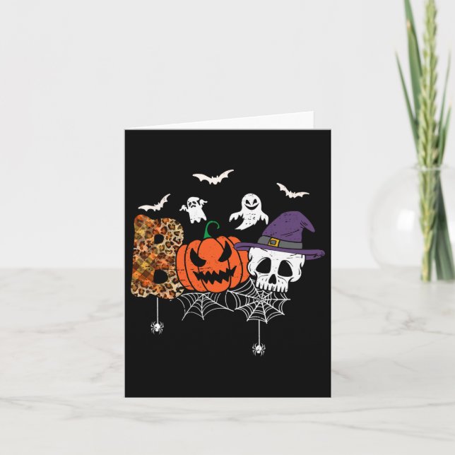 Cartão Boo Creepy Skull Pumpkin Ghost Com Hat Halloween (Frente)