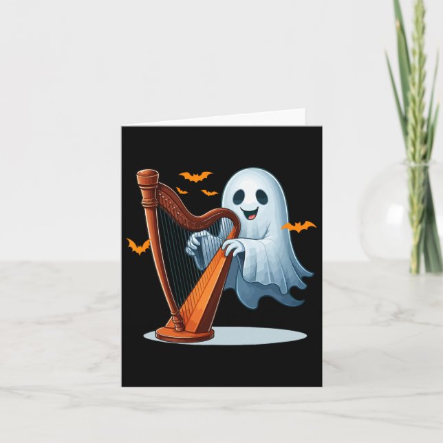 Cartão Boo Ghost Jogando Harp Halloween Instrumen Musical (Frente)