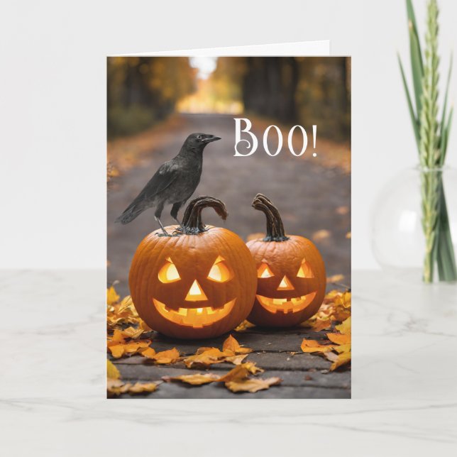 Cartão Boo Halloween Jack o'Lanterns e Raven (Frente)