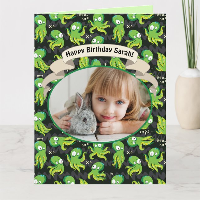 Cartão Boo Octopus Green Aniversário de criança (Frente)
