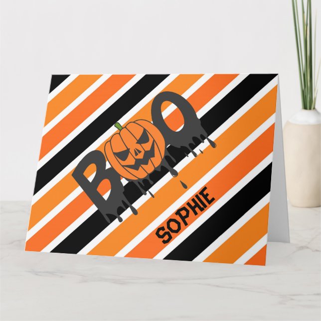 Cartão Boo Orange e Black Strips Halloween (Frente)