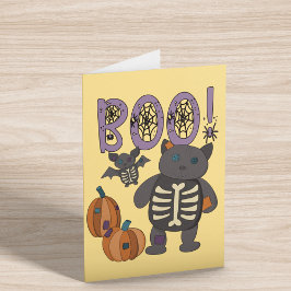 Cartão Boo! Skeleton bonito e Bat Halloween
