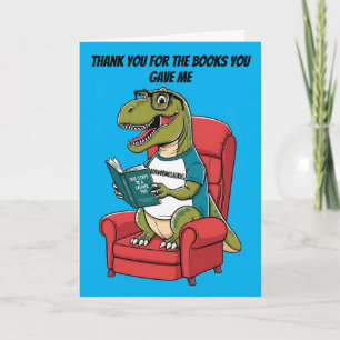 Cartão Bookwormosaurs rex sentados no livro de leitura de