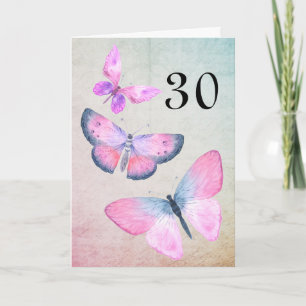 Cartão Borboleta Cinzenta De Aniversário Rosa, Aquarela 