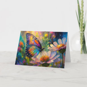 Cartão Borboleta Colorida e Flores Silvestres ao Nascer d
