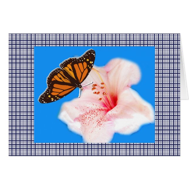 Cartão borboleta, flor rosa e xadrezes 2 (Frente Horizontal)