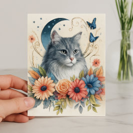 Cartão Borboleta Floral de Gato Cinza