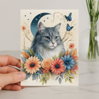 Cartão Borboleta Floral de Gato Cinza