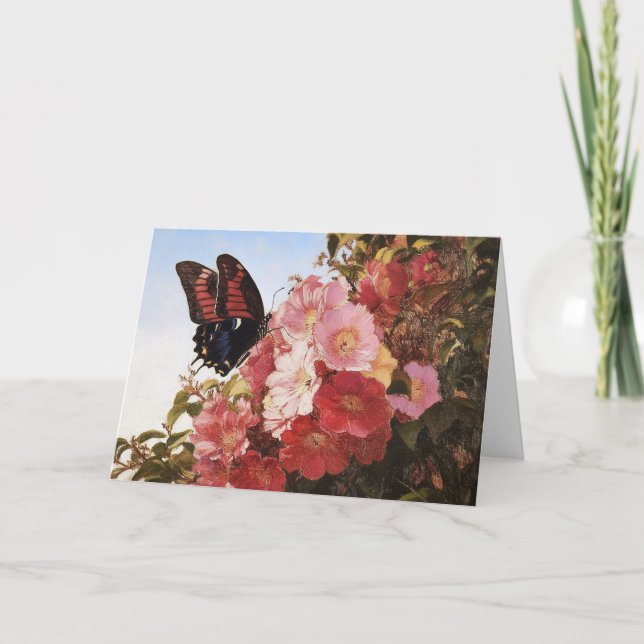 Cartão Borboleta Impressionista e Flores Rosa (Frente)