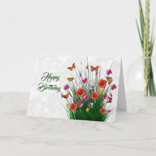Cartão Borboleta Laranja bonito Aniversário Floral