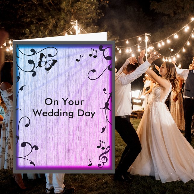 Cartão Borboleta Música Deixa Casamento De Madeira Azul E (Music Butterfly Leaves Blue & Purple Wood Wedding Card Cover)