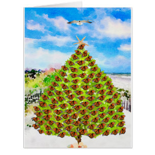 Cartão Borboletas Aquáticas e Árvore de Natal Em Praia