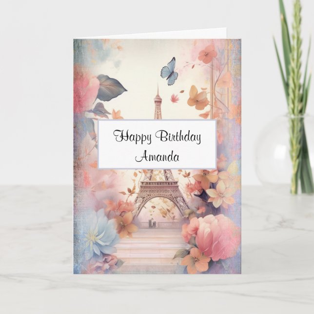 Cartão Borboletas e flores em torre Eiffel Aniversário (Frente)