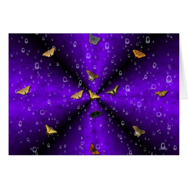 Cartão Borboletas e gotas de chuva no arco-íris roxo (Frente Horizontal)