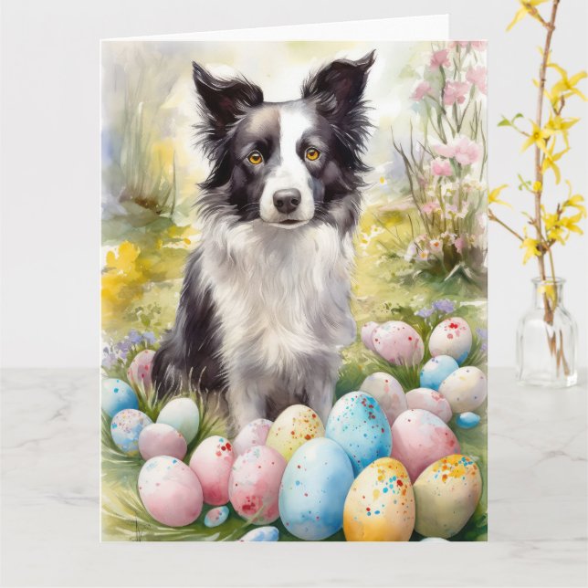 Cartão Borda Cachorro Collie com Feriado de Ovos de Pásco (Flor Amarela)