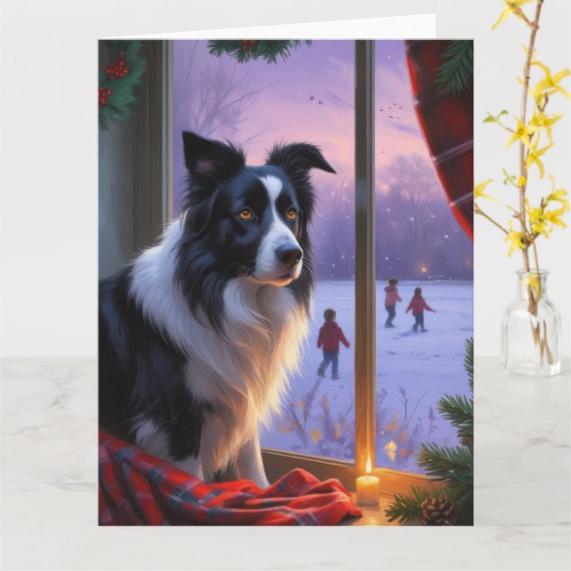 Cartão Borda Collie com Feriado das Luzes de Natal (Flor Amarela)
