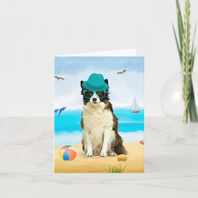 Cartão Borda Collie Dog na praia (Frente)