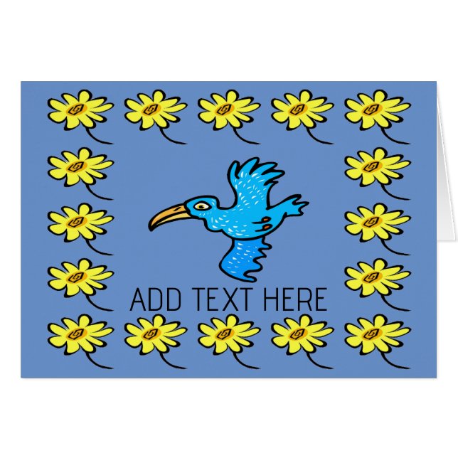 Cartão Borda de flor de pássaro azul, adicionar texto, (Frente Horizontal)
