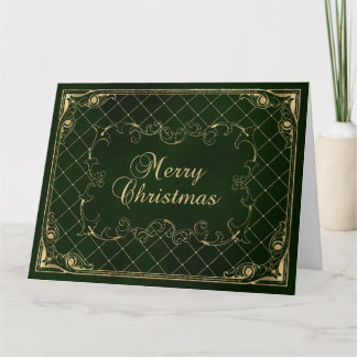 Cartão Borda Ornamentada em Dourado Falso Verde Feliz Nat
