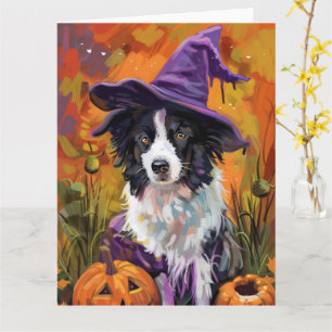 Cartão Borda Spooky Collie Halloween Witch E Pumpkin