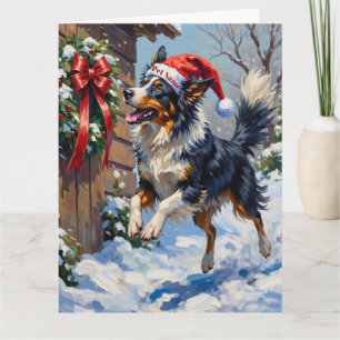 Cartão Border Collie Apanha Laço de Natal no Ar Chapéu