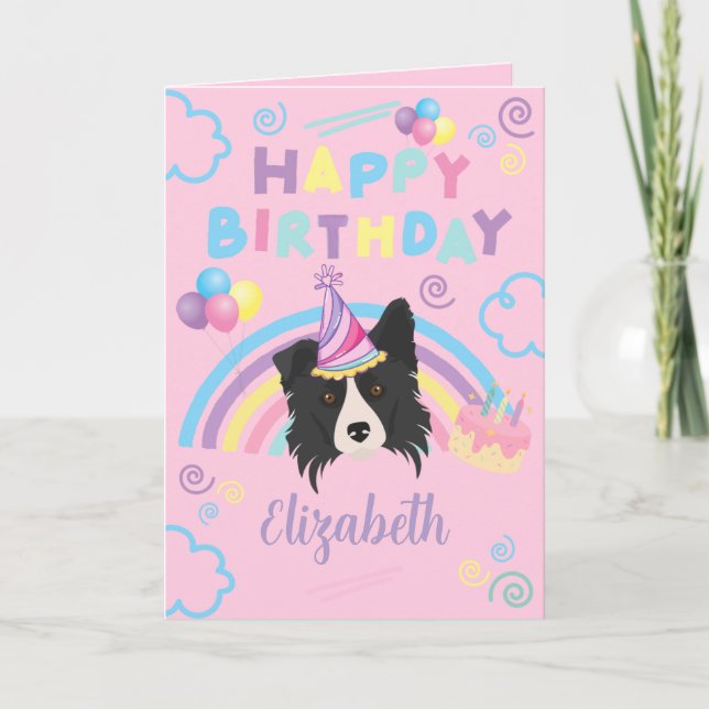 Cartão Border Collie Birthday Card in Pink (Frente)