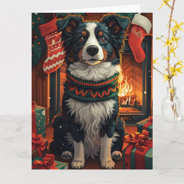Cartão Border Collie  Cachorro com Presentes de Natal Lar (Flor Amarela)
