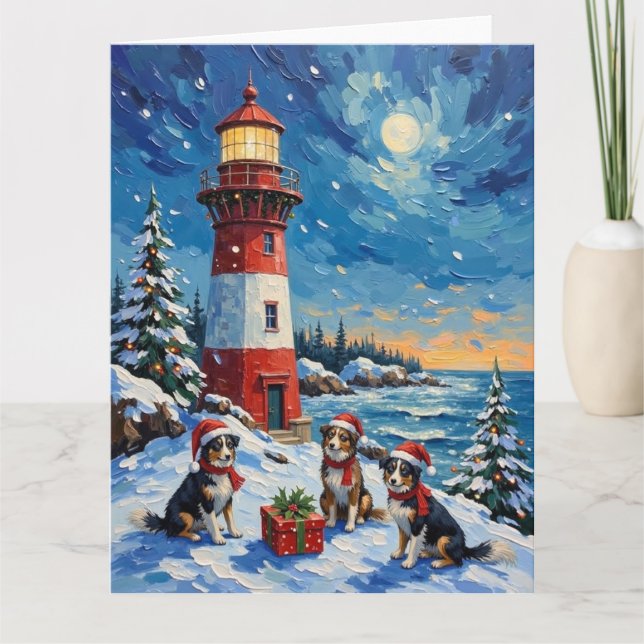 Cartão Border Collie Christmas Lighthouse Holiday (Frente)