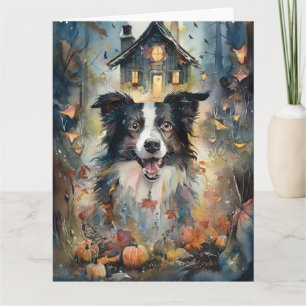 Cartão Border Collie de Halloween com Abóboras Assustador