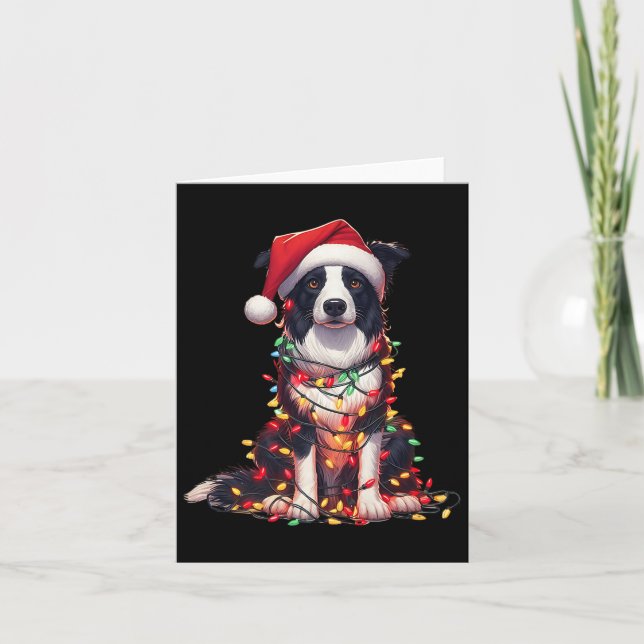 Cartão Border Collie Dog Christmas Lights Santa Hat Dog L (Frente)
