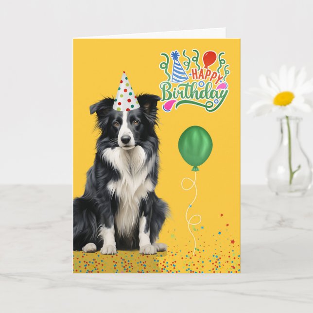 Cartão Border Collie Dog Party Hat Yellow Birthday (Planta pequena)