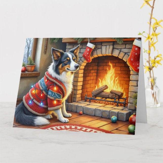 Cartão Border Collie Fireplace with Christmas Lights (Flor Amarela)