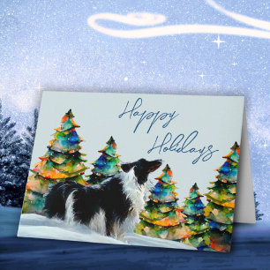 Cartão Border Collie na Árvore de Natal na Neve de Invern