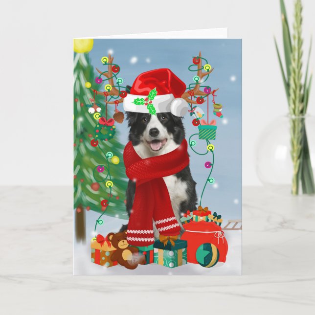 Cartão Border Collie na neve com presentes de Natal (Frente)