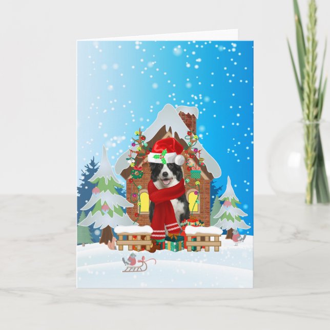 Cartão Border Collie na neve com presentes de Natal  (Frente)