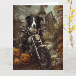 Cartão Border Collie Pilotando Motocicleta Dia das Bruxas