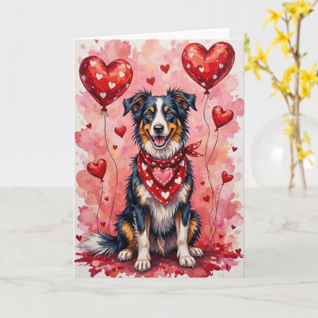 Cartão Border Collie Valentine’s Day Dog with Hearts Red (Flor Amarela)