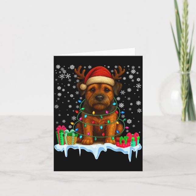Cartão Border Terrier Christmas Santa Hat Reindeer Pajama (Frente)