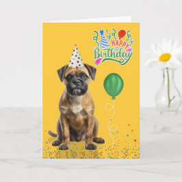 Cartão Border Terrier Dog Party Hat Yellow Birthday