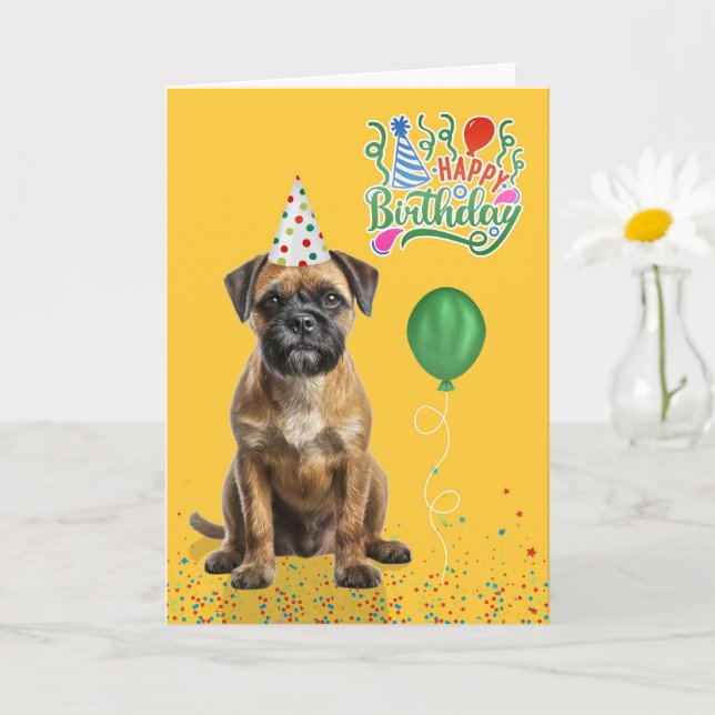 Cartão Border Terrier Dog Party Hat Yellow Birthday (Planta pequena)
