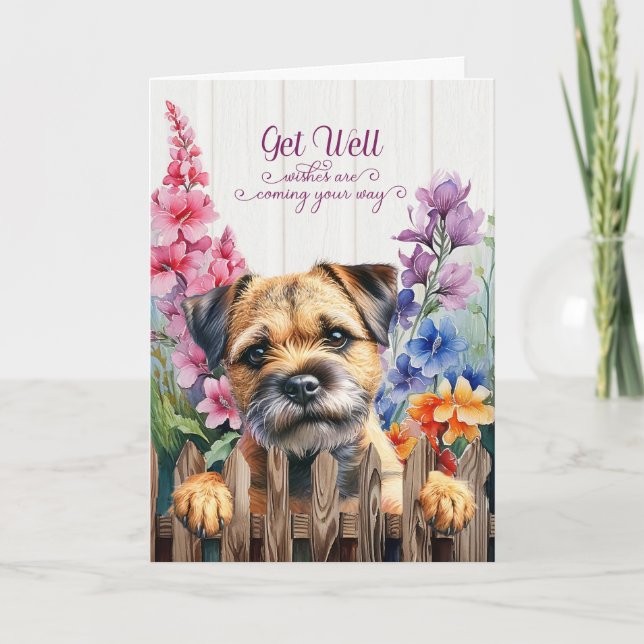 Cartão Border Terrier Dog with Gladiolus Garden Get Well (Frente)
