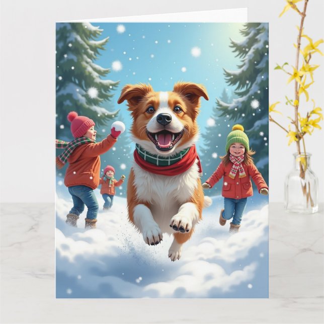 Cartão Border Terrier Snowball Fight Christmas Painting (Flor Amarela)
