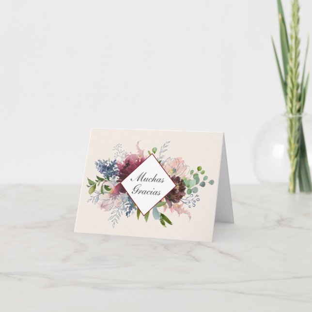 Cartão Borgonha e Blue Floral - Obrigado em espanhol (Frente)