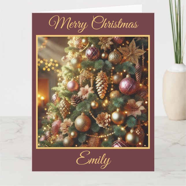 Cartão Borgonha e Dourada Árvore de Natal (Frente)