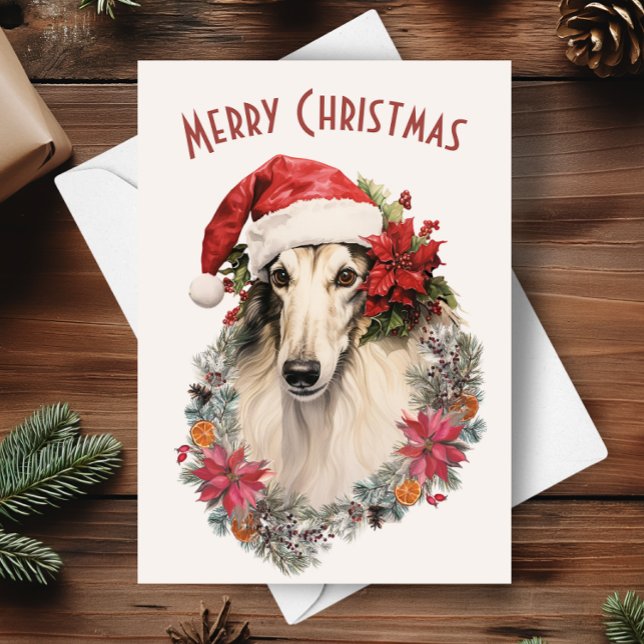 Cartão Borzoi Dog Santa Hat Red Poinsettias Natal (Criador carregado)