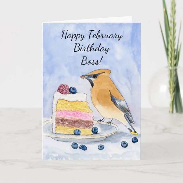 Cartão Boss Happy February Birthday Cedar Waxwing Cake (Frente)