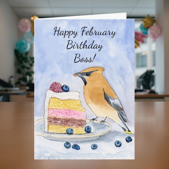 Cartão Boss Happy February Birthday Cedar Waxwing Cake (Criador carregado)