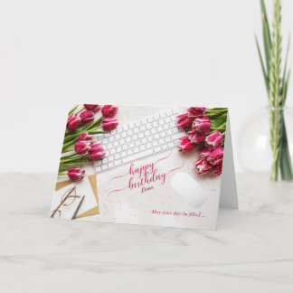 Cartão Boss's Birthday Pink Tulips and Desktop